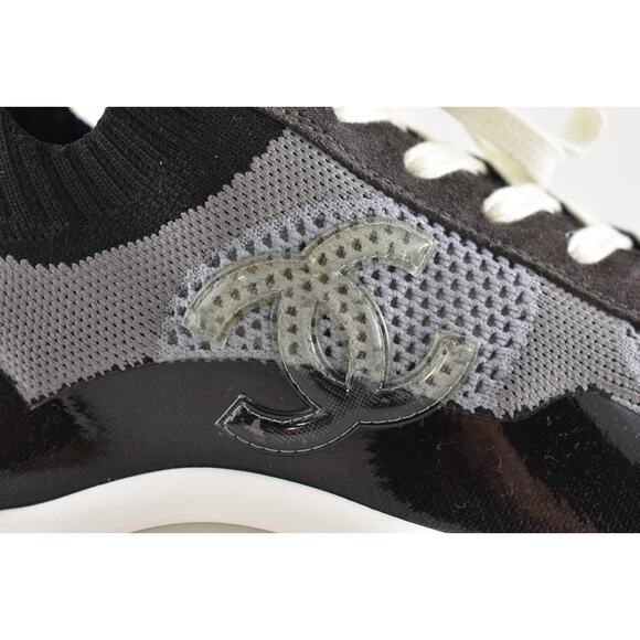 Chanel 22C Men Black White Grey Knit Clear CC Logo Low Top Trainer Sneaker 44 11 - Picture 3 of 13